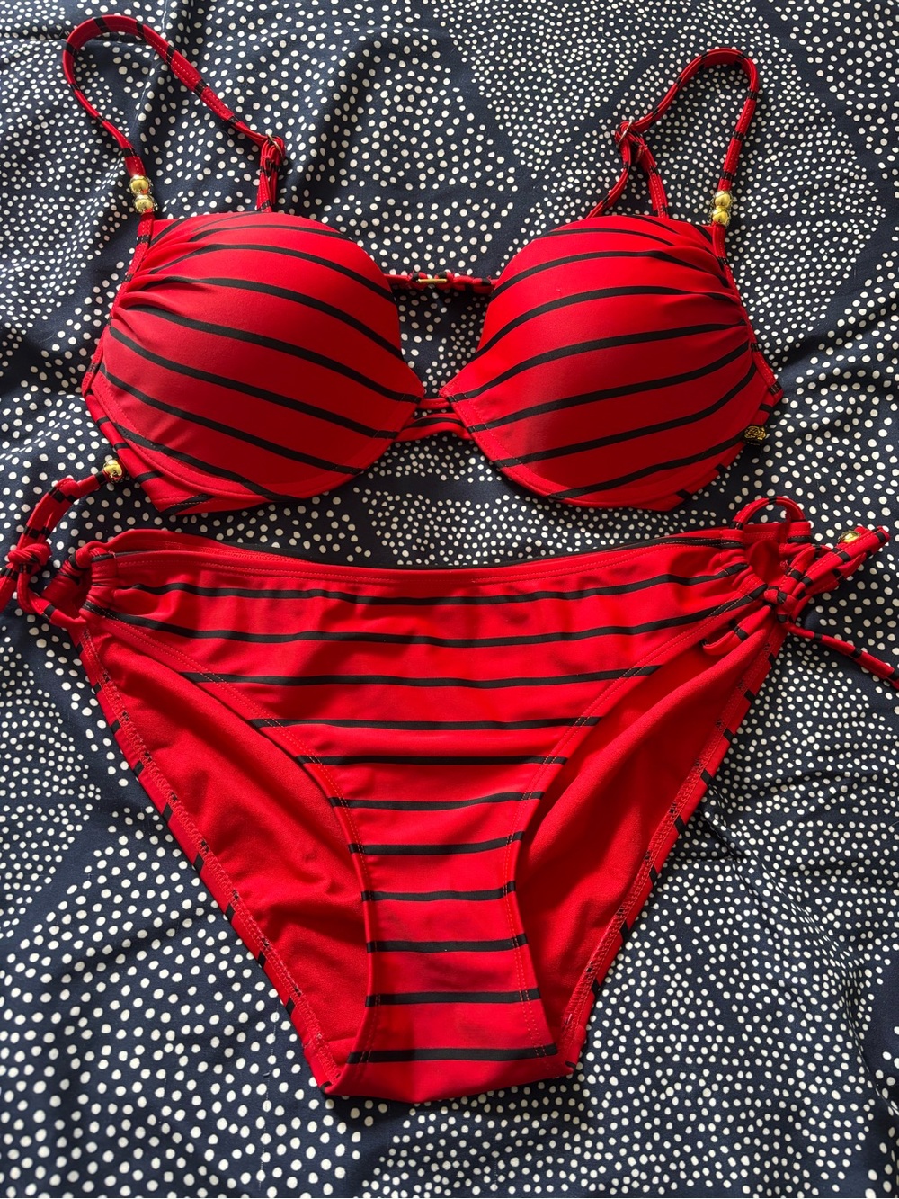 La Vie En Rose Red and Dark Navy Striped Bikini Set